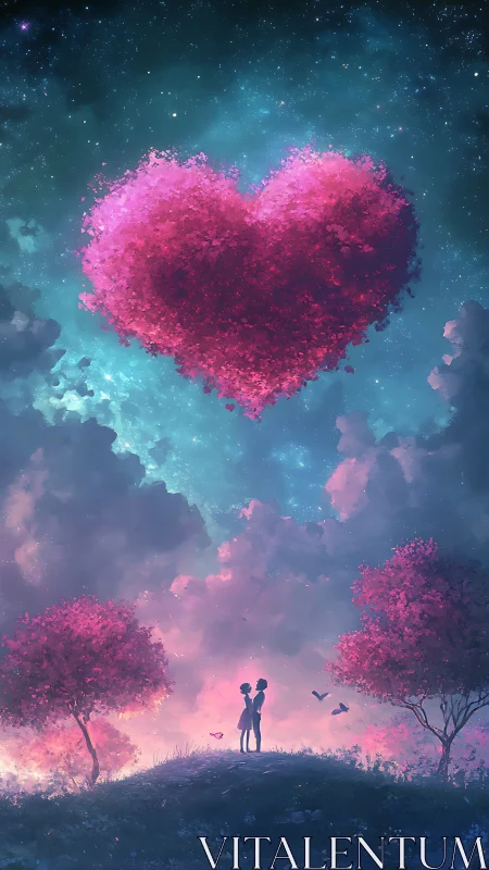 Cosmic Heart: Two Silhouettes Under a Glowing Sky