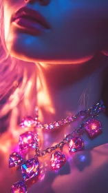 Neon-lit crystal heart necklace on illuminated neck.