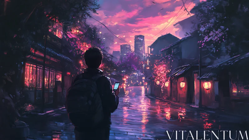 Twilight alleyway blooms in neon reflections and quiet wonder.