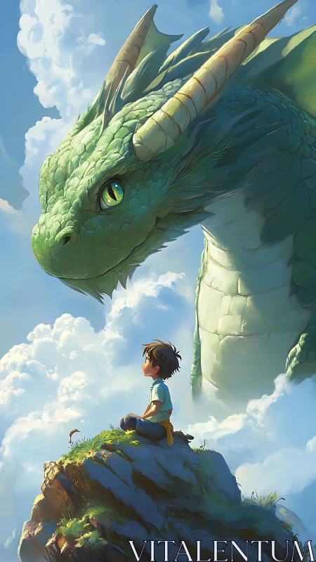 Sky-top boy and emerald dragon share a quiet, cloudlit pact.