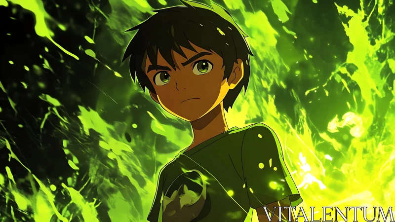 Youthful male figure before luminous green energy field.