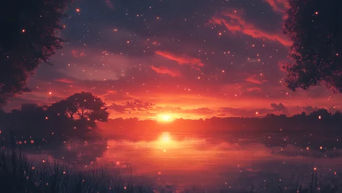 Radiant ember-lit sunset reflects across tranquil lakeside horizon