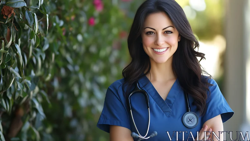 Confident Female Nurse Outdoors in Blue Scrubs, Bright Natural Light.