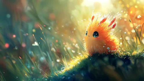 Fluffy orange creature on mossy ground in bright meadow light.