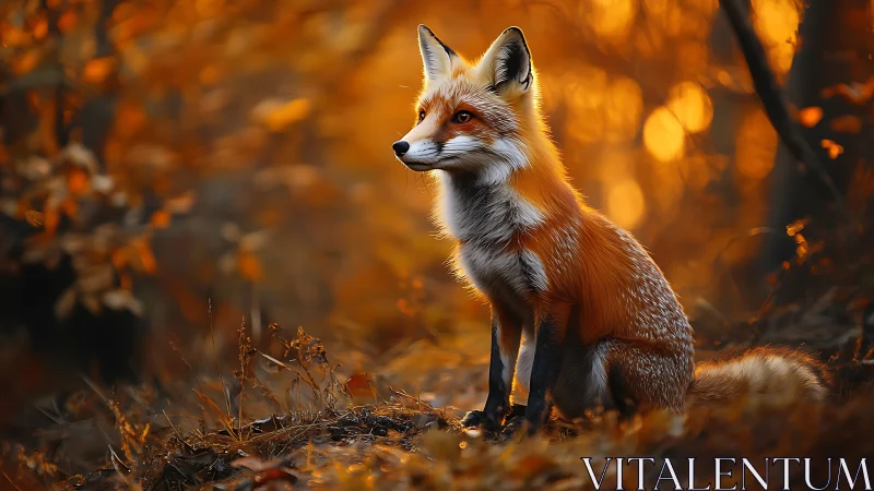 Red fox sits alert in glowing autumn forest light