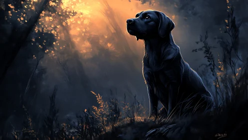 Black dog in dusk forest under dramatic rim lighting glow.