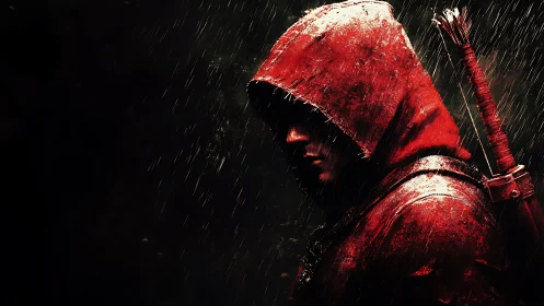 Hooded archer in red jacket stands under falling rain