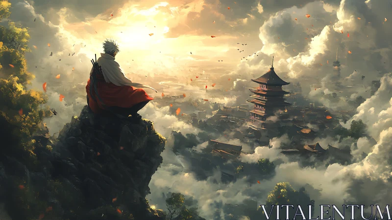 Samurai sentinel overlooks sunlit mountain temple city.