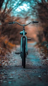 Bicycle on Forest Path with Dappled Light.