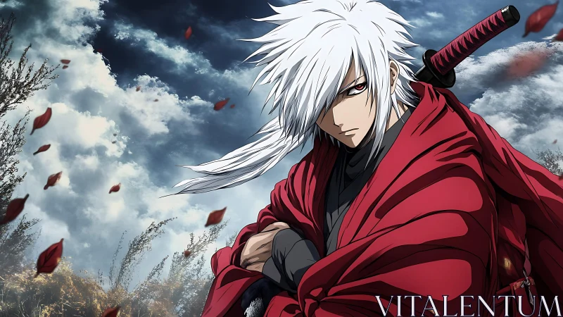 Crimson cloaked swordsman under storm‑laden dynamic sky.