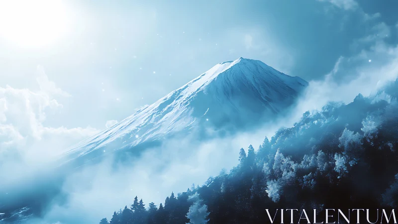 Digital painting of alpine peak in luminous winter atmosphere.