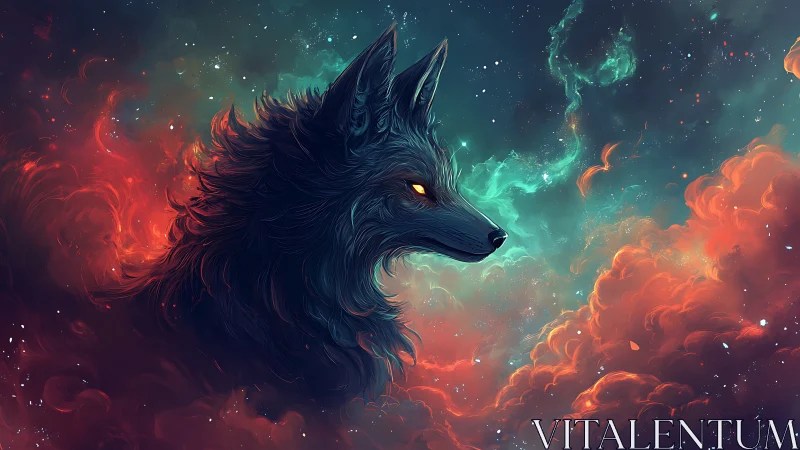 Cosmic wolf silhouette glows within swirling nebula clouds.