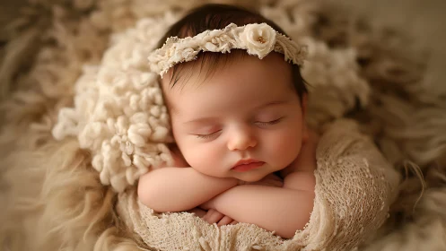Sleeping infant with floral headpiece on textured fabric.