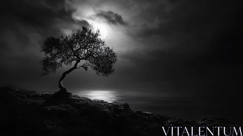 Backlit coastal tree silhouette under high-contrast moonlit sky