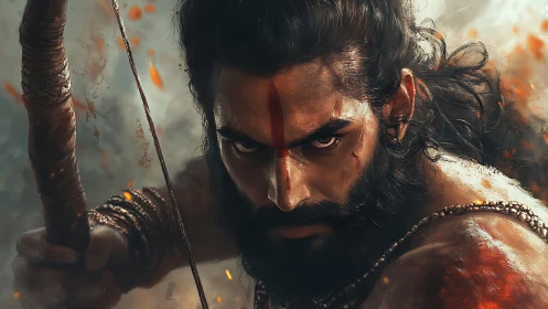 War-marked archer locks thunderous gaze on unseen fate.