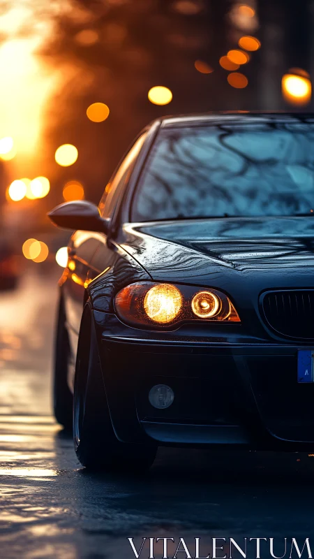 Sleek black car glowing softly in the golden city sunset.