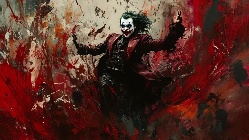 Digital painting of chaotic clown figure in crimson vortex.