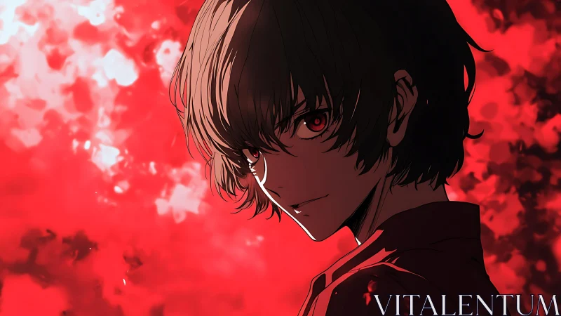 Side profile of anime figure against dense red abstract background