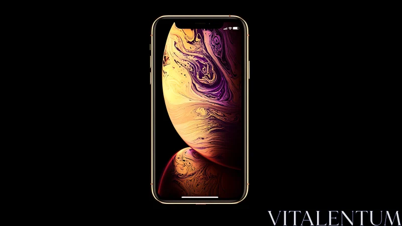 iPhone XS Max displaying liquid gold and purple digital wallpaper design.