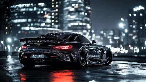 Mercedes supercar glows on wet neon city street at night.