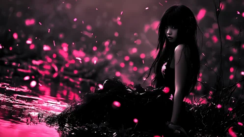 Gothic girl beside neon river under falling pink embers.