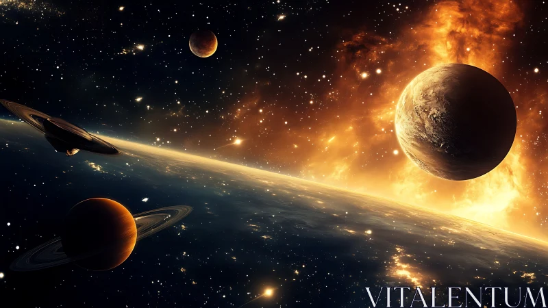 Fiery cosmic sunrise welcomes a serene ringed planet scene