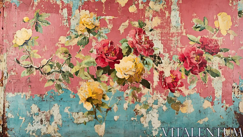 Faded roses riot across peeling pink and turquoise walls.