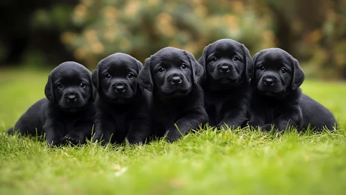 Line of black Labrador puppies lying on green grass outdoors.