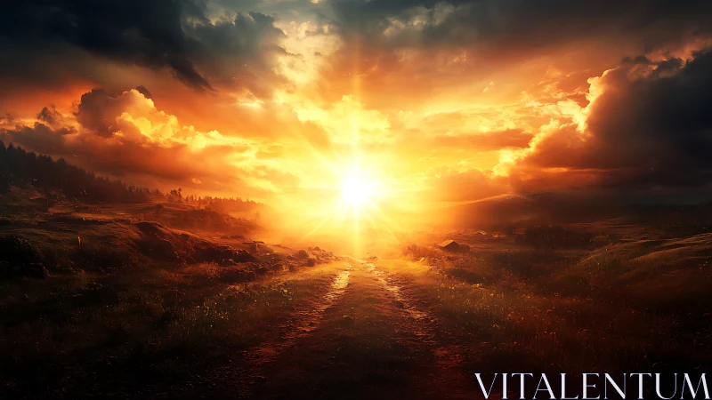 Sunburst road into molten evening clouds and quiet hills.