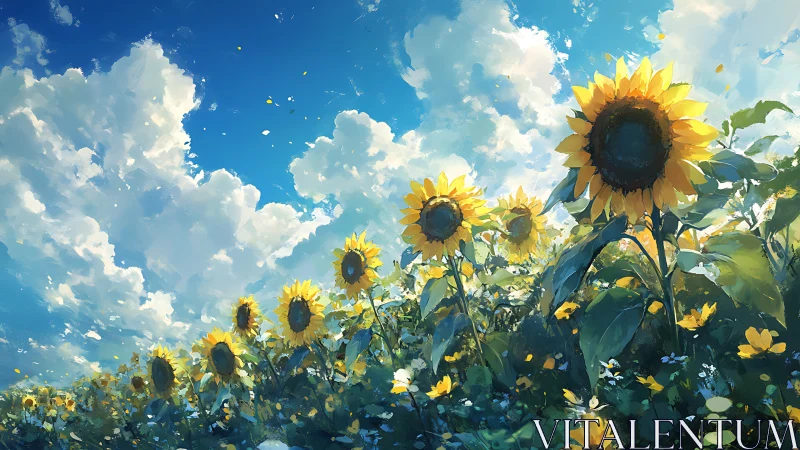 Sunflower field under bright blue sky and large clouds.