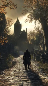 Cloaked wanderer meets brooding church at dusk&rsquo;s last glow.