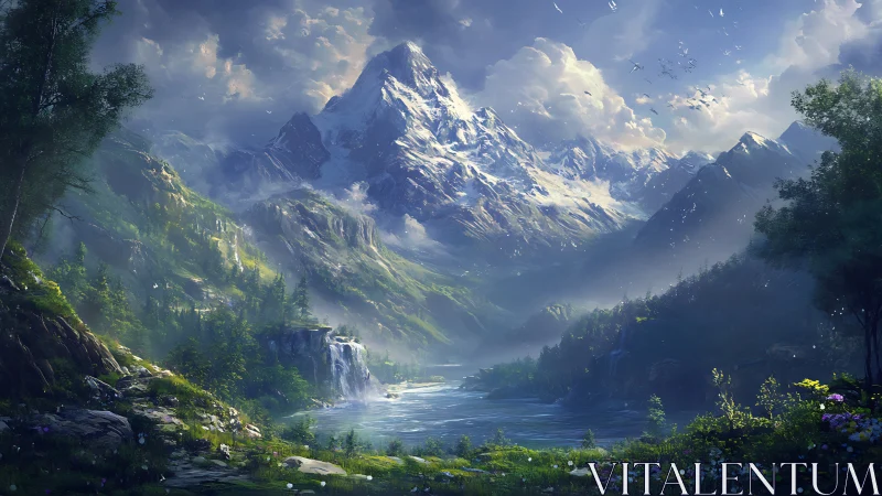 Sunlit mountain valley where mist, river and sky wander.