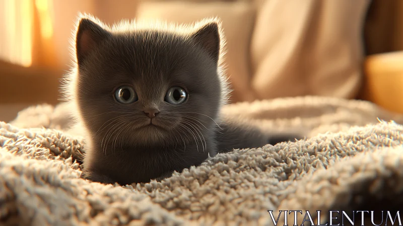 Black Kitten Portrait with Striking Emerald Eyes. Digital Rendering.