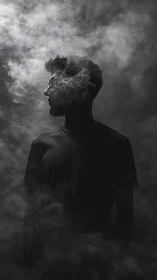 Silhouetted male profile emerges through swirling smoke haze