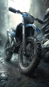 Mud-splattered blue dirt bike stands ready in a misty alley