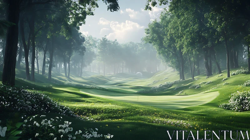 Morning mist over forest golf fairway with wildflower rough