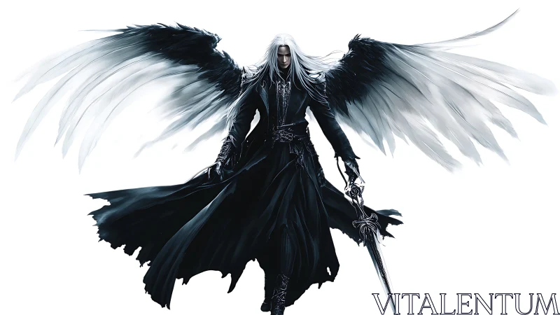 Fallen angel warrior stands poised in stark white void