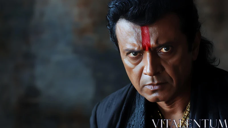 Intense portrait of stern man with red forehead mark.