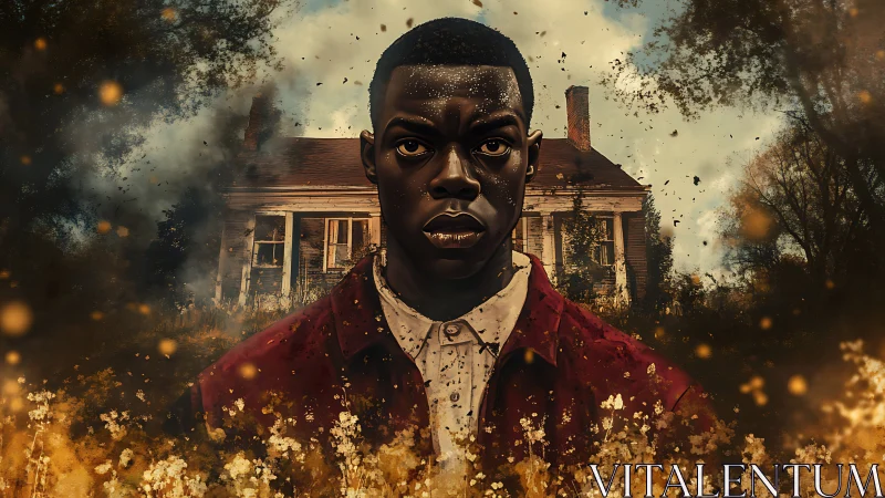 Digital portrait of man before aged rural house facade.