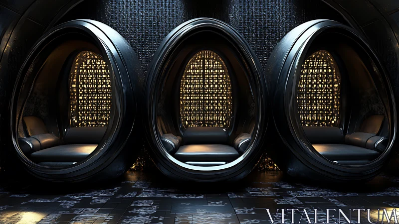 Futuristic pod seating units in a dark enclosed interior.