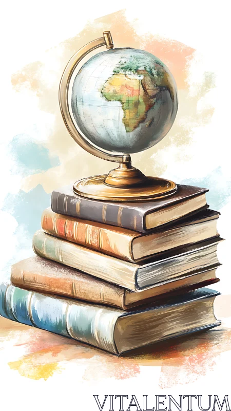 Vintage globe resting on stacked books in soft colors.