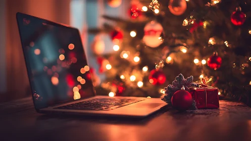 Laptop on table beside decorated tree with defocused lights.