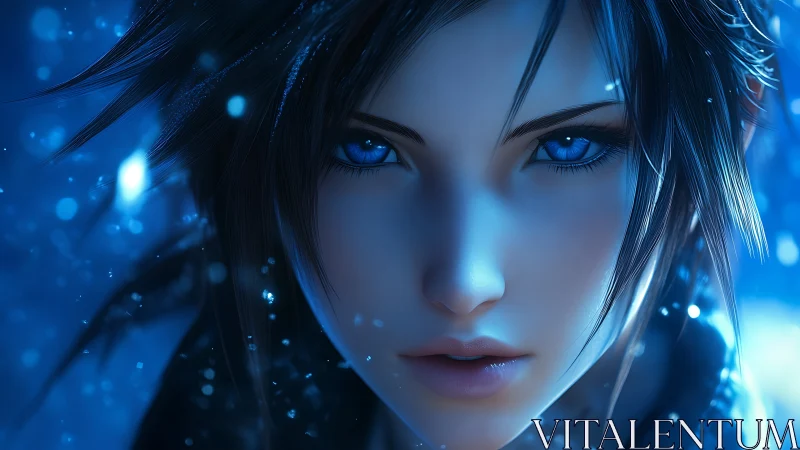 Close portrait of blue-lit digital character in snowfall
