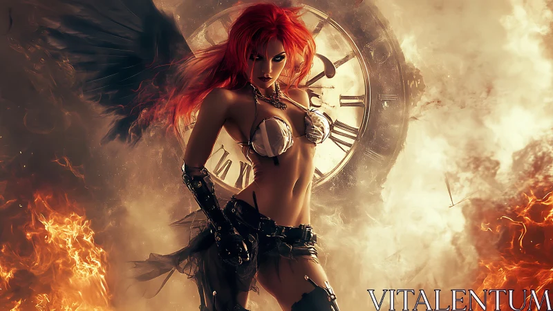 Fiery winged warrior before burning clock vortex.