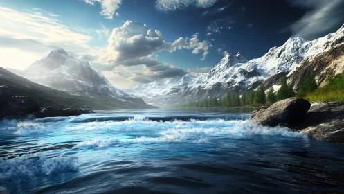 Rushing blue river welcomes snowy mountain peaks and bright sky