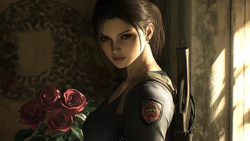 Guarded rosebearer in amber light, half warrior, half whisper.