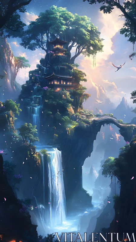 Hidden cliffside sanctuary rises among waterfalls and light