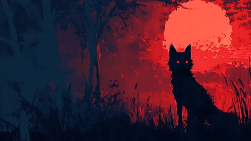 Silhouetted wolf under crimson moon in high-contrast digital painting