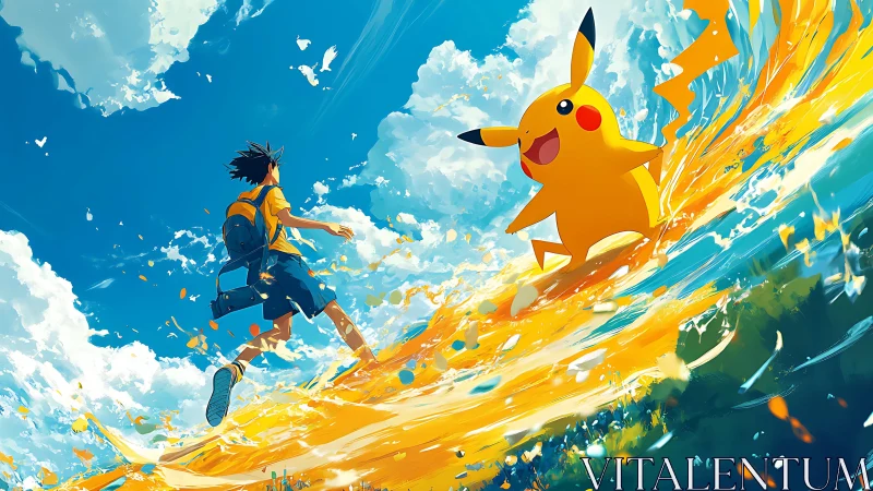 Surging electric wave with boy and Pikachu under vivid sky.