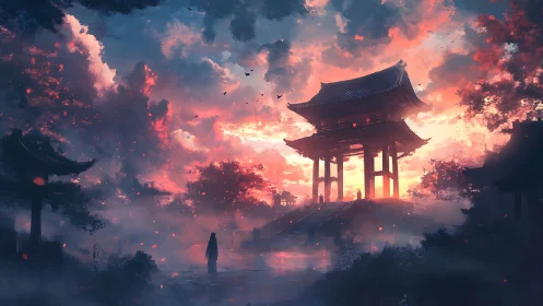 Solitary figure near temple under vivid twilight sky.